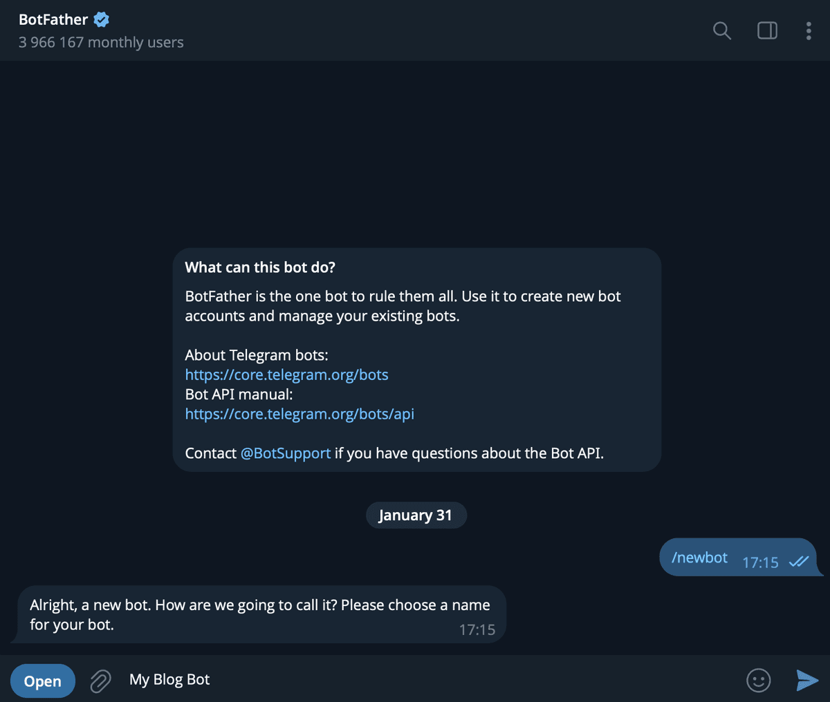 Choose bot name in BotFather