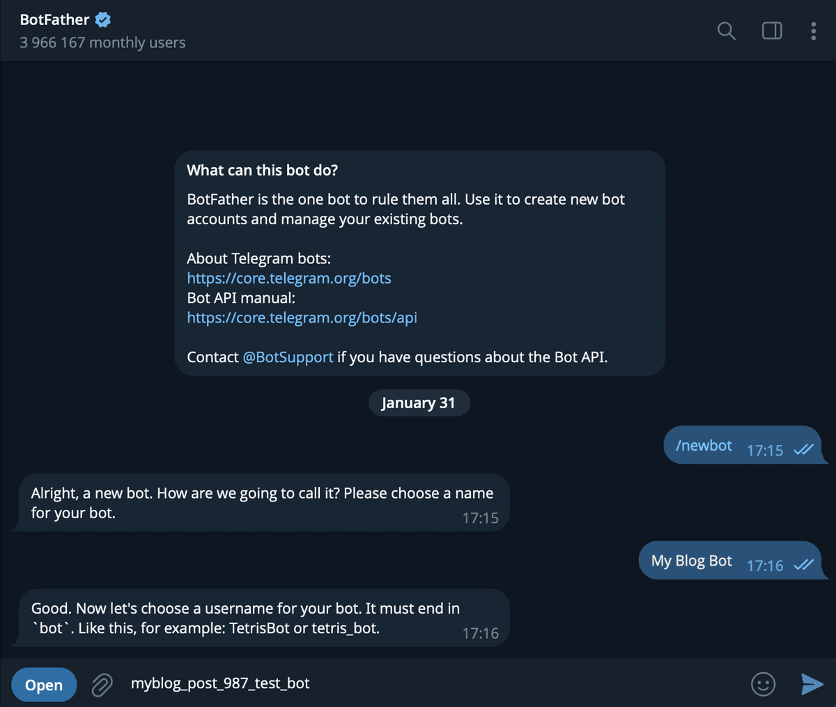 Set bot username in BotFather