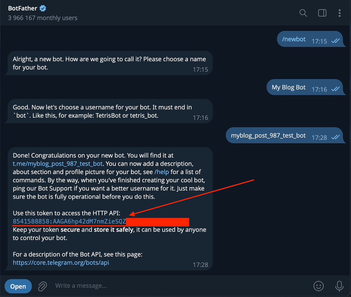 Copy bot token from BotFather
